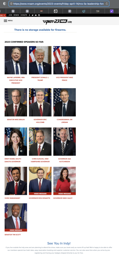 NRA-ILA 2023 Leadership Forum, list of confirmed speakers, retrieved 2023.04.14.