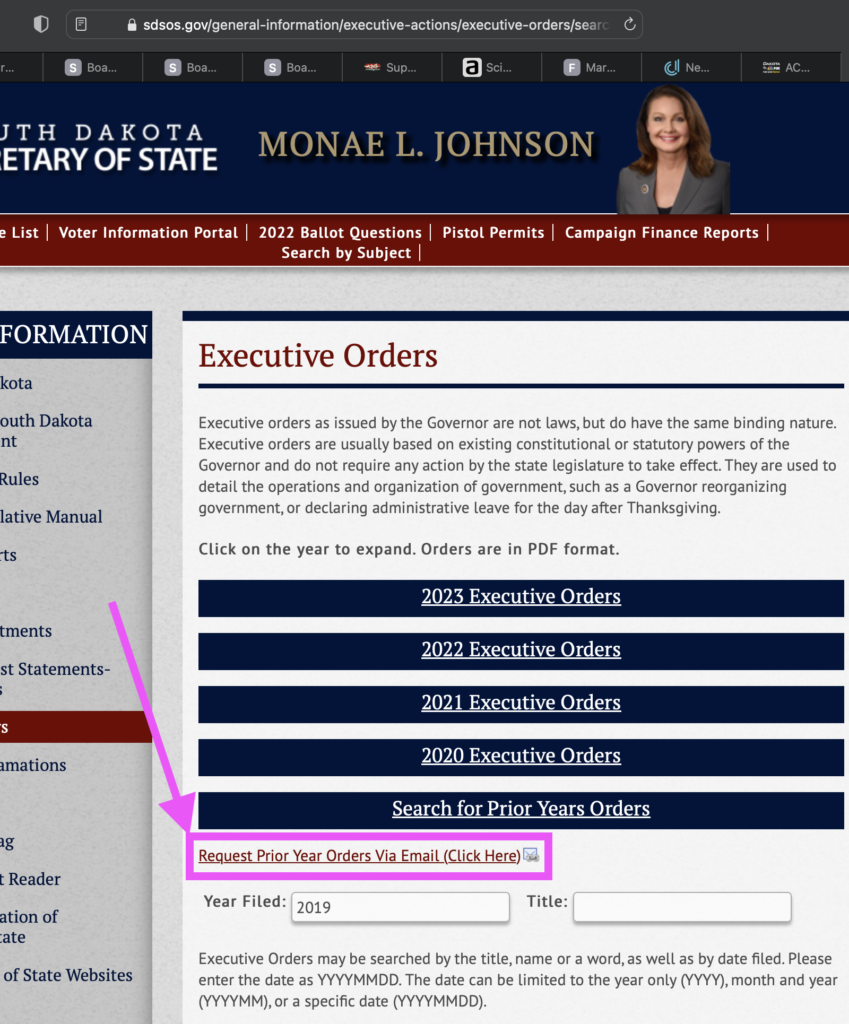 South Dakota Secretary of State, Executive Orders, screen cap 2023.04.14, with annotation to show functioning link to request past orders by email.