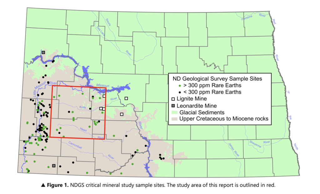 NDGS study area in southwestern North Dakota. Green dots are the hot spots: the U.S. Department of Energy says rare earth elements need to be present in concentrations of 300 parts per million or more to be economically viable.