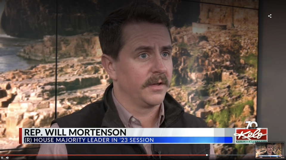 Springtime is 'stache time! Rep. Will Mortenson, screen cap from KELO-TV, 2023.04.28.