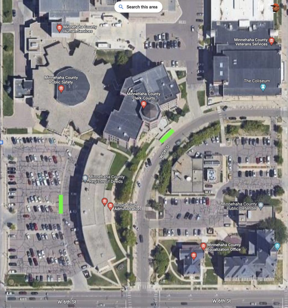 Minnehaha County government complex—petitioning allowed in green zones only. Policy adopted by Minnehaha County Commission 2023.05.02; Google map annotated by CAH/DFP.