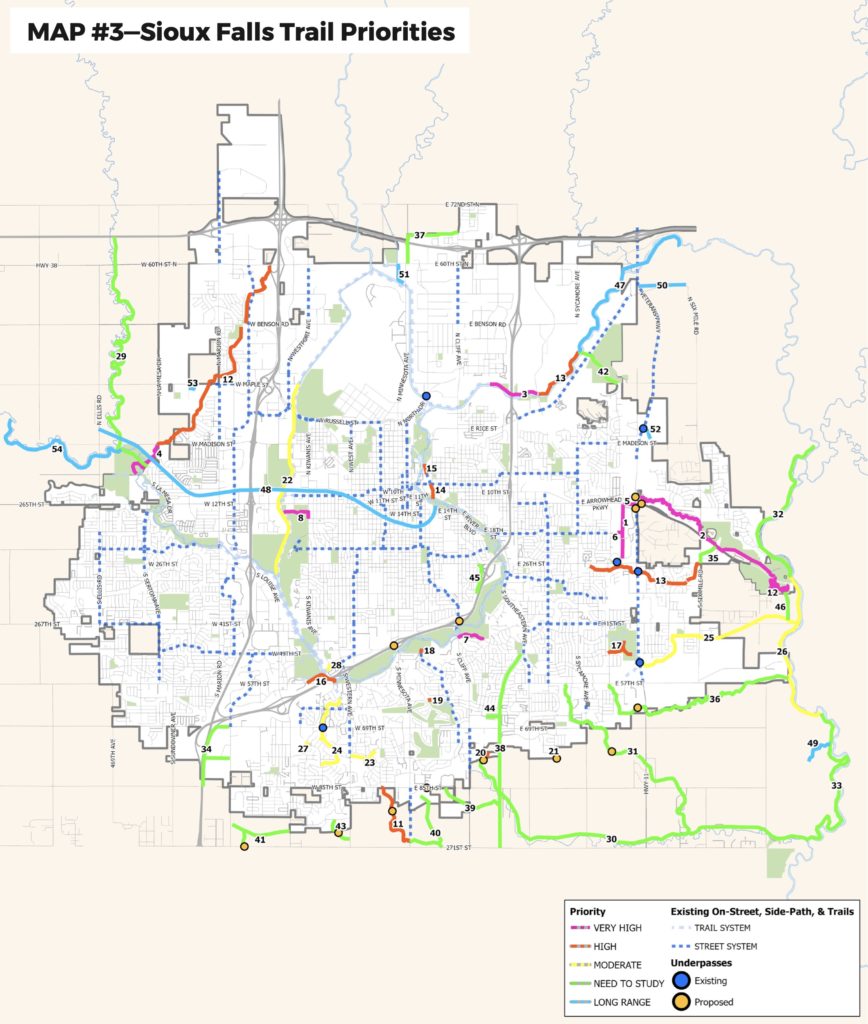 Sioux Falls trail priorities, draft 2023 Sioux Falls Bicycle Plan, retrieved 2023.05.18.