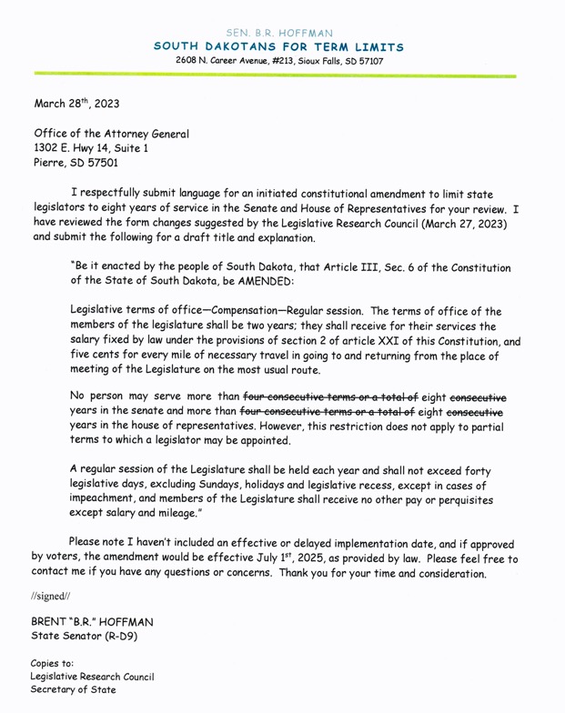 Sen. Brent Hoffman, proposed Legislative term limits initiative, letter to Attorney General Marty Jackley, 2023.03.28.