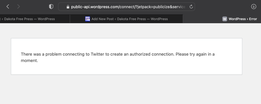 Wordpress error connecting to Twitter, 2023.05.22.