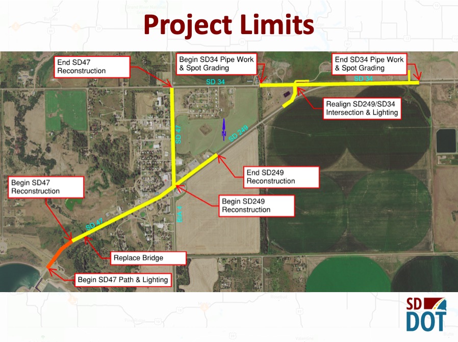 South Dakota Department of Transportation, map of proposed upgrades for Highway 47/249/34 in and around Fort Thompson, from presentation prepared for June 14, 2023, public meeting; retrieved 2023.06.01.