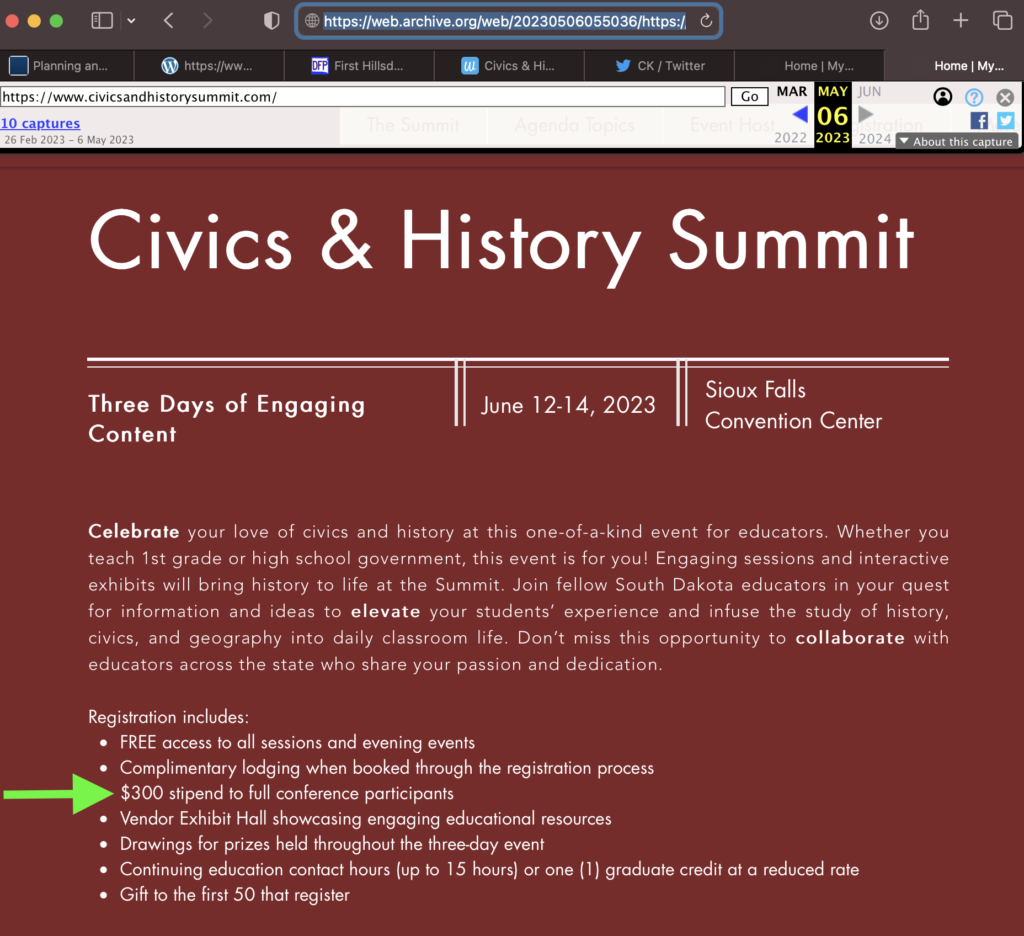 SD Dept. of Education, Civics and History Summit webpage, Internet Archive Wayback Machine, captured 2023.05.06, annotated by CAH/DFP.