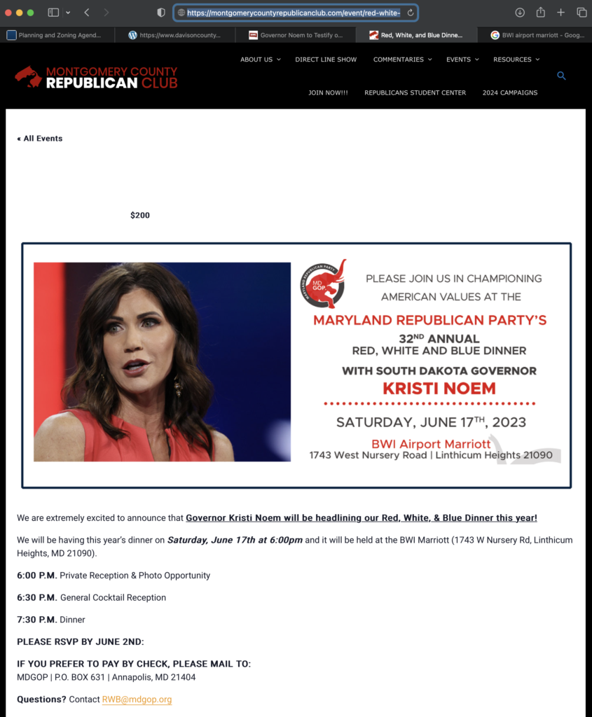Montgomery County Republican Club, June 17 2023 Red White and Blue Dinner Featuring Governor Kristi Noem, retrieved 2023.06.09.