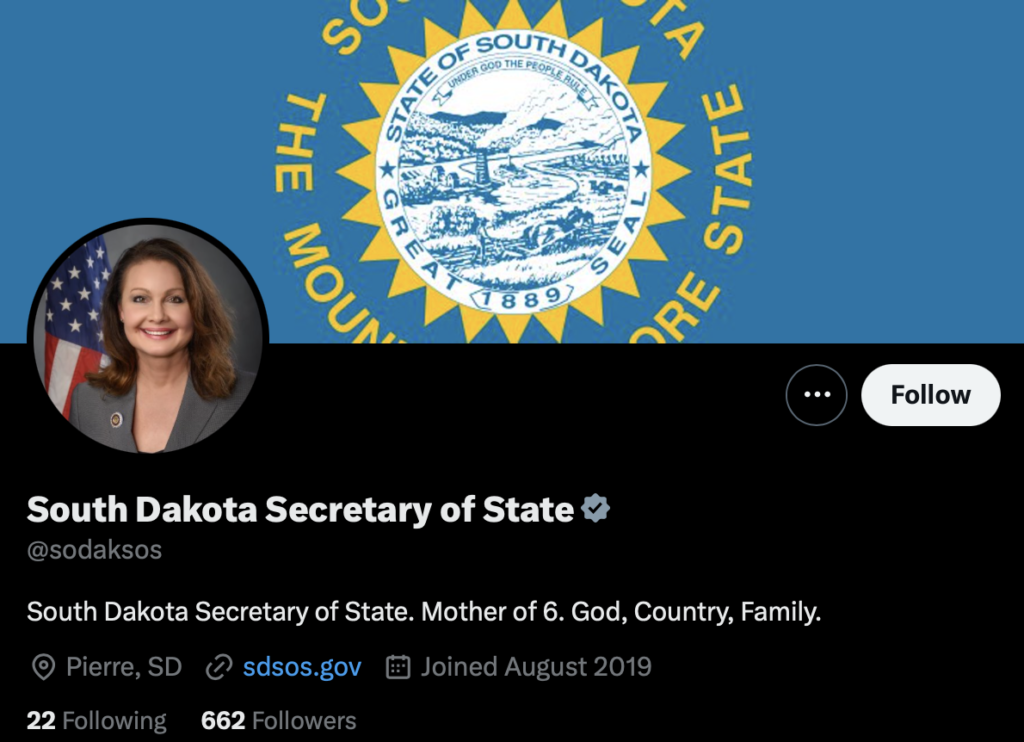 South Dakota Secretary of State, Twitter banner, screen cap 2023.06.23.