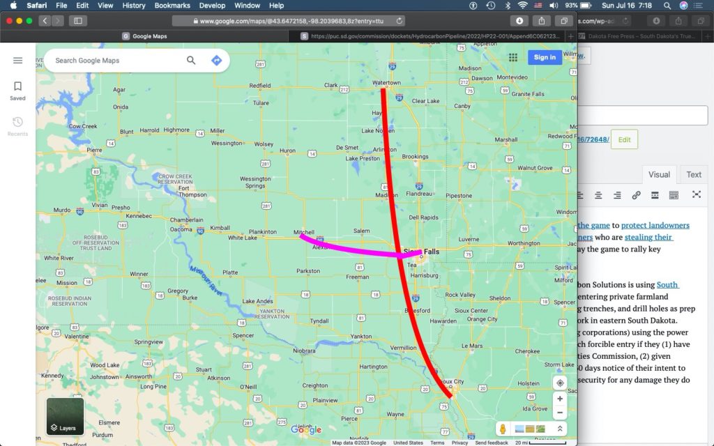 Map of possible SNL Freedom Pipeline. Red: main line connecting Schoenbeck, Noem, and Lederman properties. Orange: optional lines to connect homes of Rep. Dusty Johnson, Senator John Thune, Mayor Paul TenHaken.