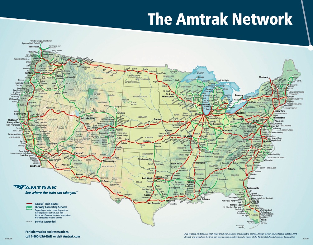 Amtrak, national service map, revised October 2018.