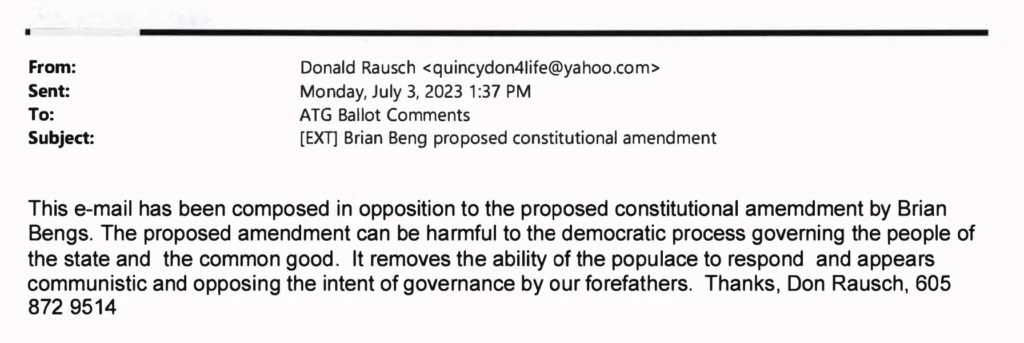 Donald Rausch, email to Attorney General on Bengs amendment, 2023.07.03.