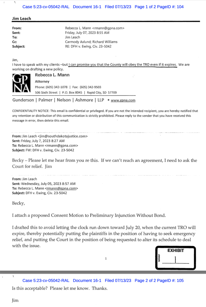 Email conversation between Rebecca L. Mann, attorney for Lawrence County, and Jim Leach, attorney for Dakotans for Health, 2023.07.05–07, submitted as exhibit to U.S. District Court of South Dakota, Dakotans for Health v. Bob Ewing et al., Case No. 5:23-cv-05042 RAL, 2023.07.13.