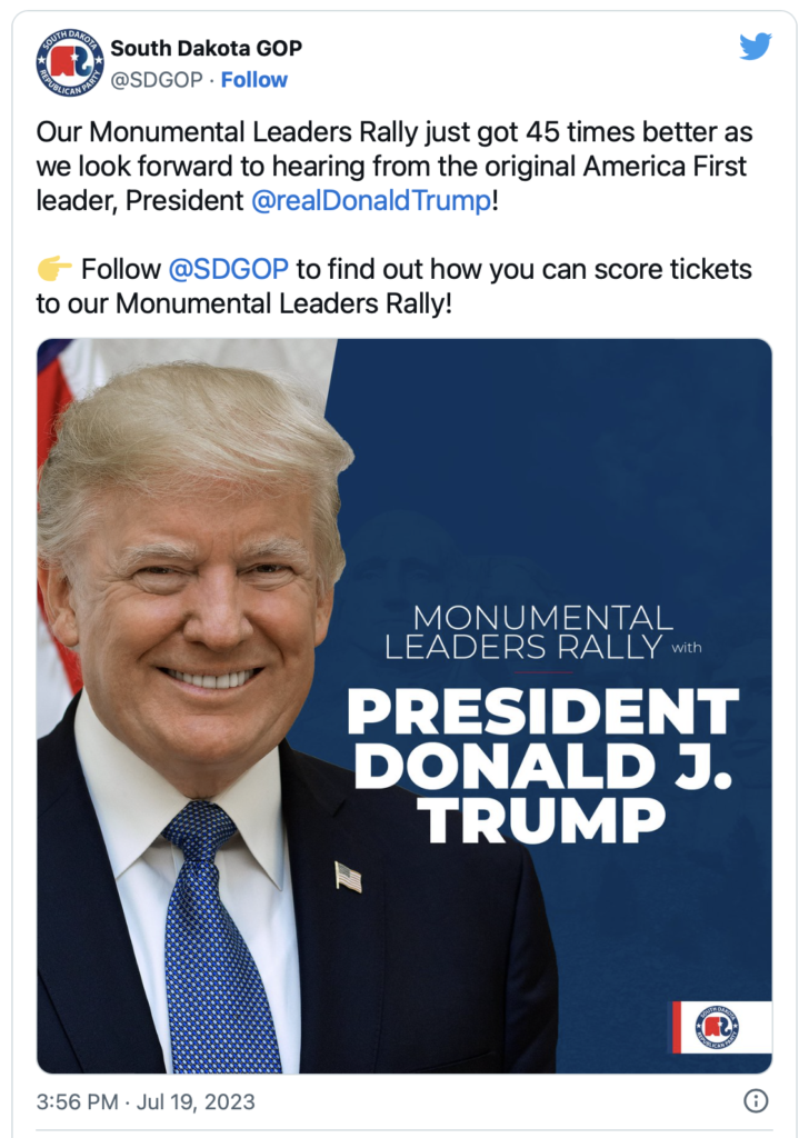 South Dakota Republican Party, tweet announcing appearance of Donald Trump at Rapid City fundraiser September 8, 2023.07.19.