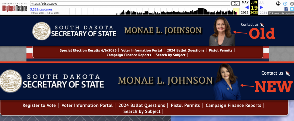 South Dakota Secretary of State website: top image shows banner as captured by Internet Archive Wayback Machine June 19, 2023; bottom shows sdsos.gov screen cap retrieved 2023.07.19; annotated by CAH/DFP.