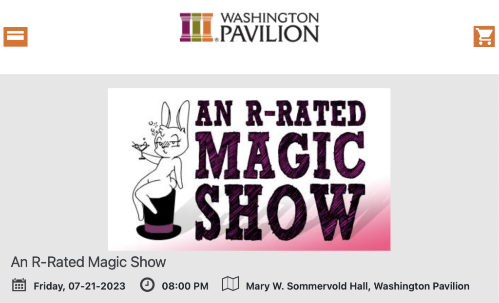 Washington Pavilion, web banner for Grant Freeman's magic show, retrieved 2023.07.21.