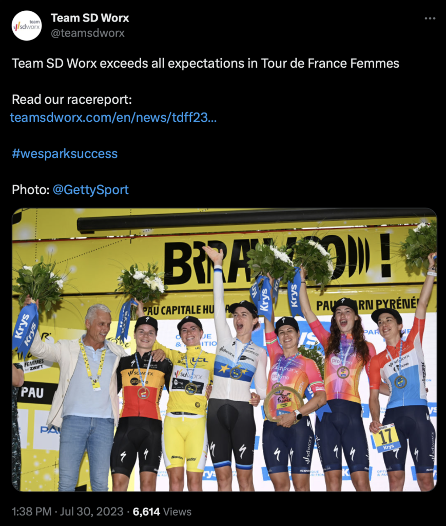 Team SD Worx, tweet of team celebrated Tour de France Femmes victory, 2023.07.30.