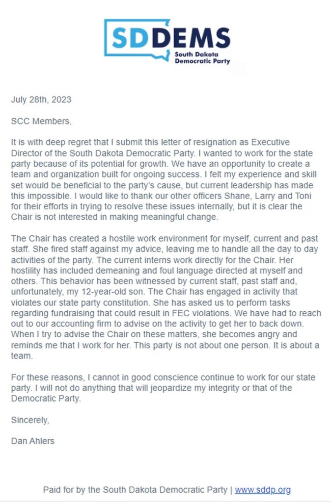SDDP exec Dan Ahlers, resignation letter, 2023.07.28, posted online by KSFY 2023.08.03.