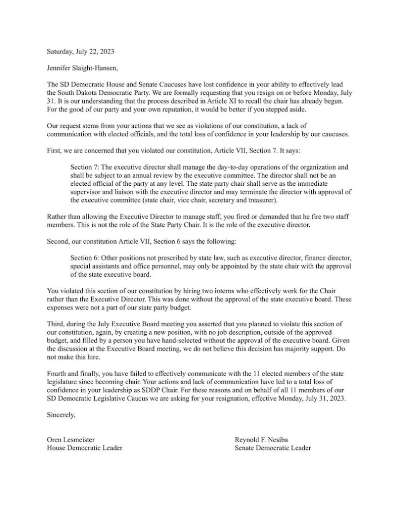 Rep. Oren Lesmeister and Sen. Reynold Nesiba, letter to SDDP chair Jennifer Slaight-Hansen, 2023.07.22, posted online by KSFY 2023.08.03.