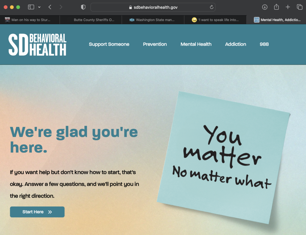 South Dakota is glad you're here and thinks you matter no matter what—SDBehavioralHealth.gov, screen cap 2023.08.13.
