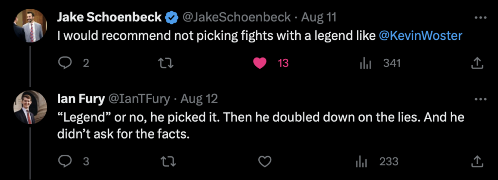 Jake Schoenbeck and Ian Fury, tweet exchange, 2023.08.11–12.