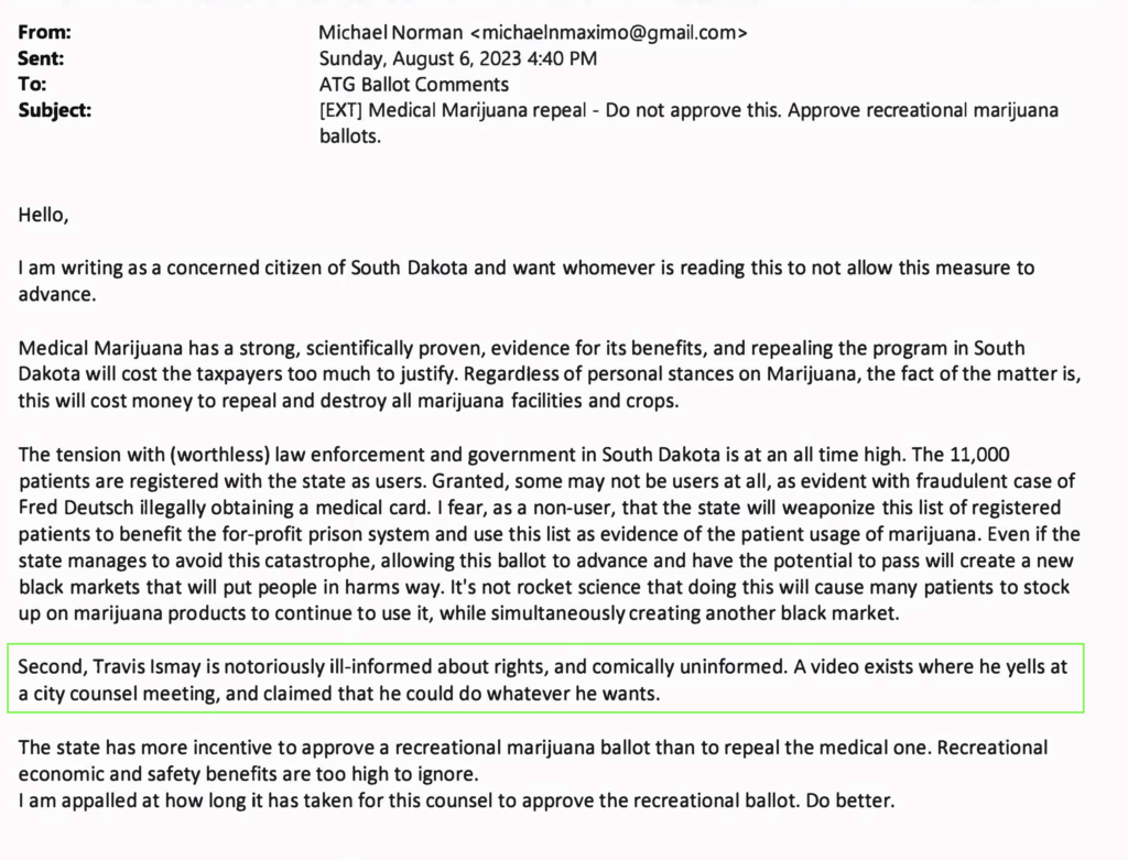 Michael Norman, comment to Attorney General Marty Jackley on draft ballot explanation, 2023.08.06.