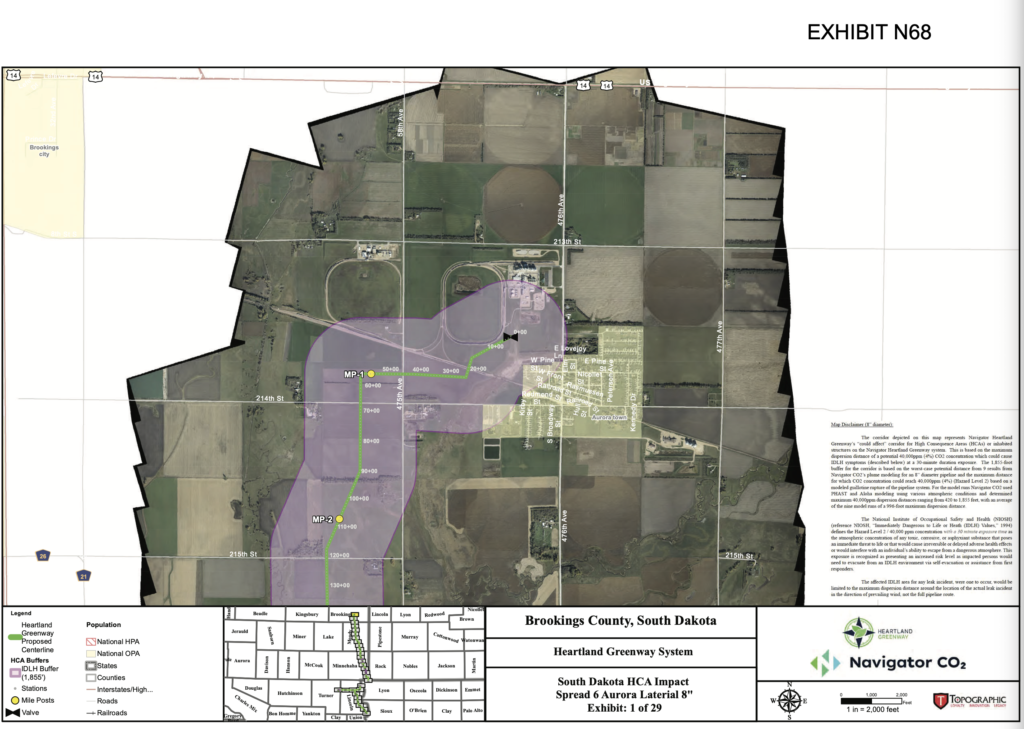Navigator CO2, map of area potentially affected by major carbon dioxide leak from proposed Heartland Greenway pipeline, page 1 showing pipeline route starting at Valero ethanol plant in Aurora; submitted as Exhibit N68 to Public Utilities Commission, published 2023.08.24.