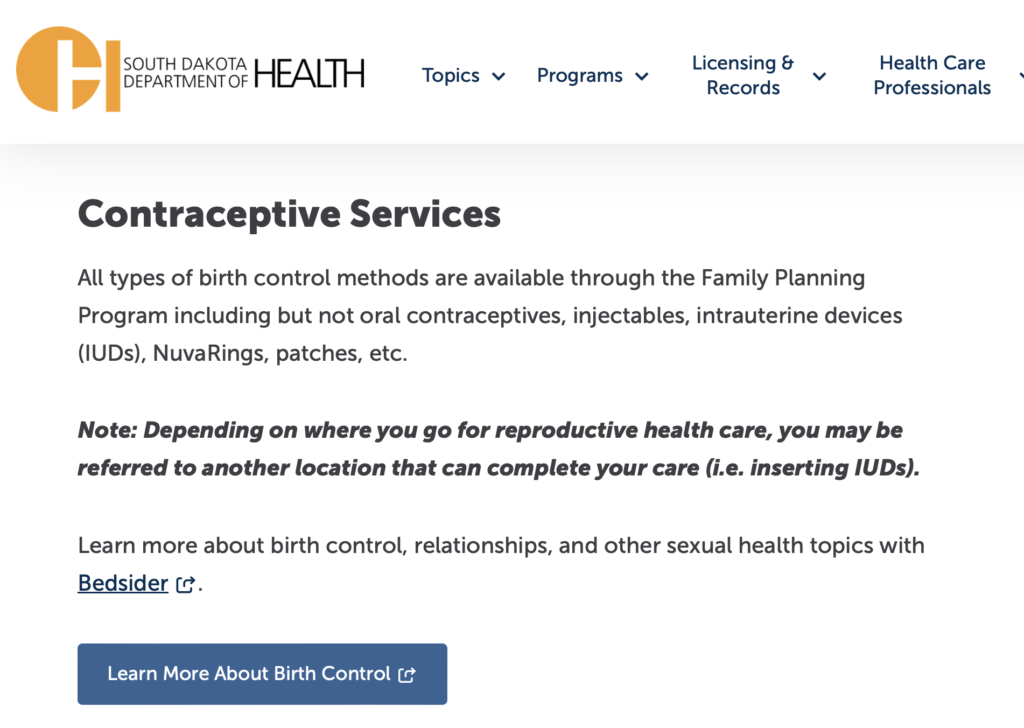 South Dakota Department of Health, "Reproductive Health," screen cap 2023.08.31.