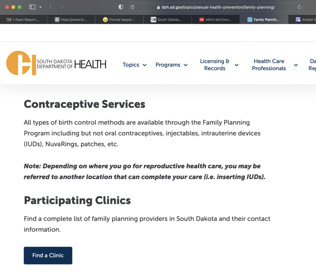 South Dakota Department of Health, "Family Planning," screen cap 2023.09.01.