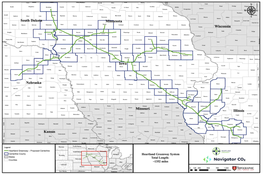 Navigator CO2, map of Heartland Greenway pipeline route, retrieved 2023.09.07.