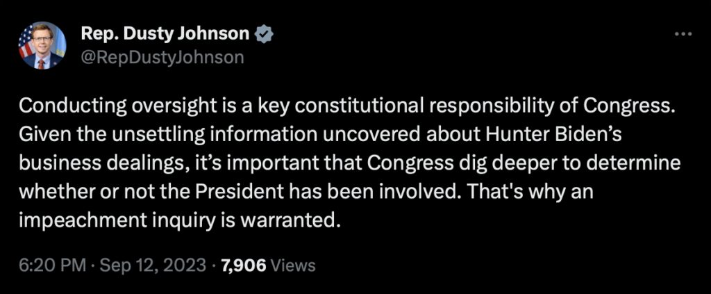 Rep. Dusty Johnson, tweet, 2023.09.12.