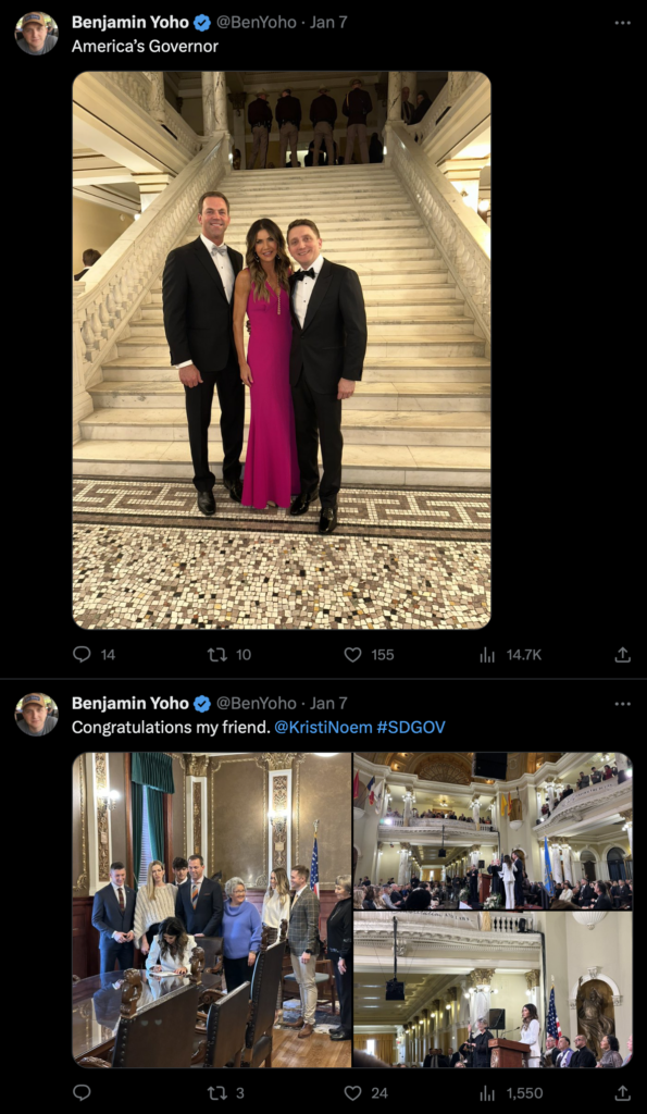 Ben Yoho, tweets from Gov. Kristi Noem's second inauguration, Pierre, SD, 2023.01.07.