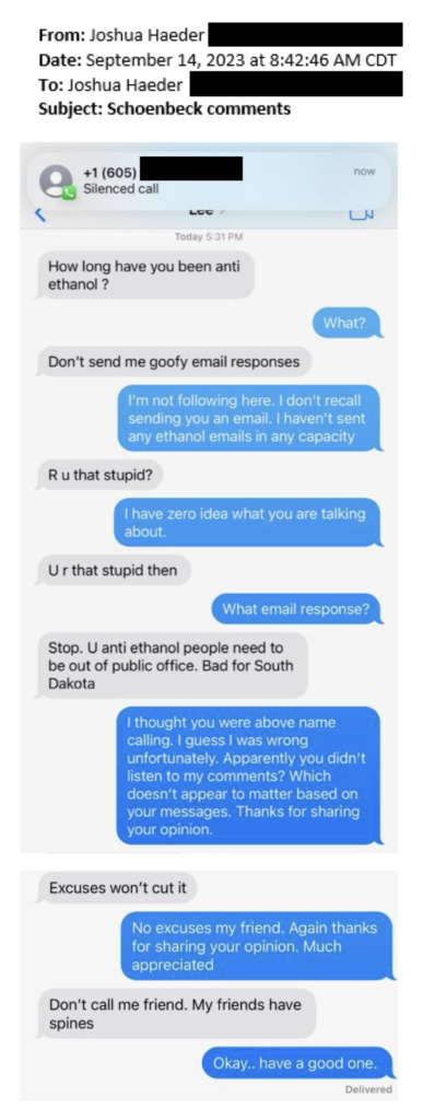 Screen cap of text conversation between Senator Lee Schoenbeck and Treasurer Joshua Haeder, 2023.09.14, evidently archived by Haeder and posted to the PUC Summit docket. Retrieved 2023.10.27.