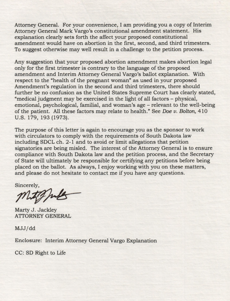 Attorney General Marty Jackley, letter to Rick Weiland, 2023.10.31, p. 2.