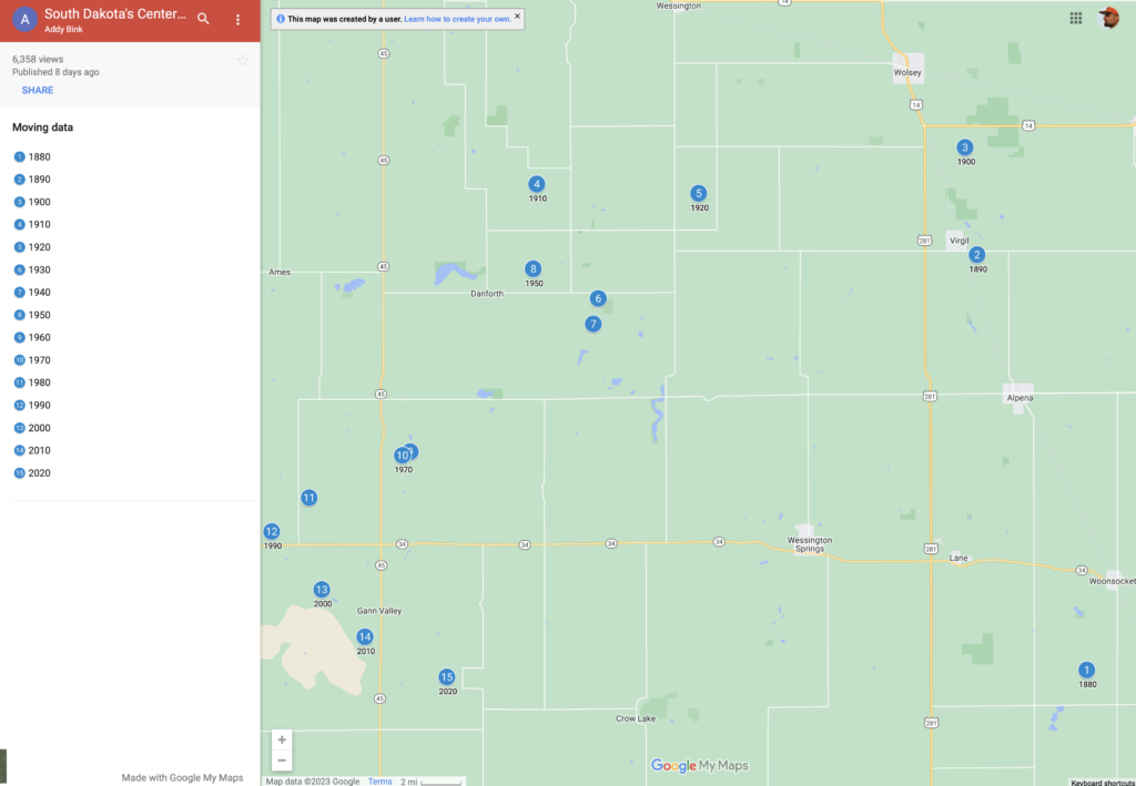Addy Bink, "South Dakota's Center of Population, 1880–2020," Google Map for Nexstar, retrieved 2023.11.06.
