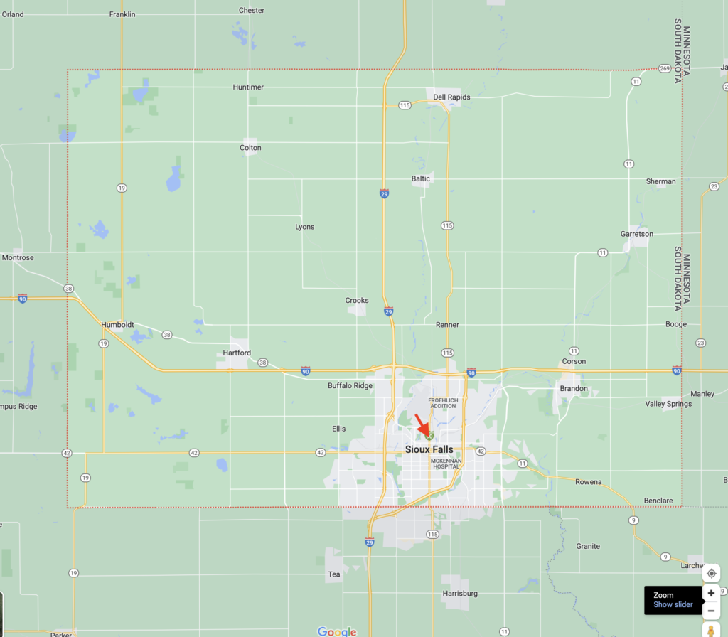 Minnehaha County, SD, center of population 2020, coordinates from U.S. Census Bureau, mapped on Google Maps by CAH/DFP 2023.11.06.