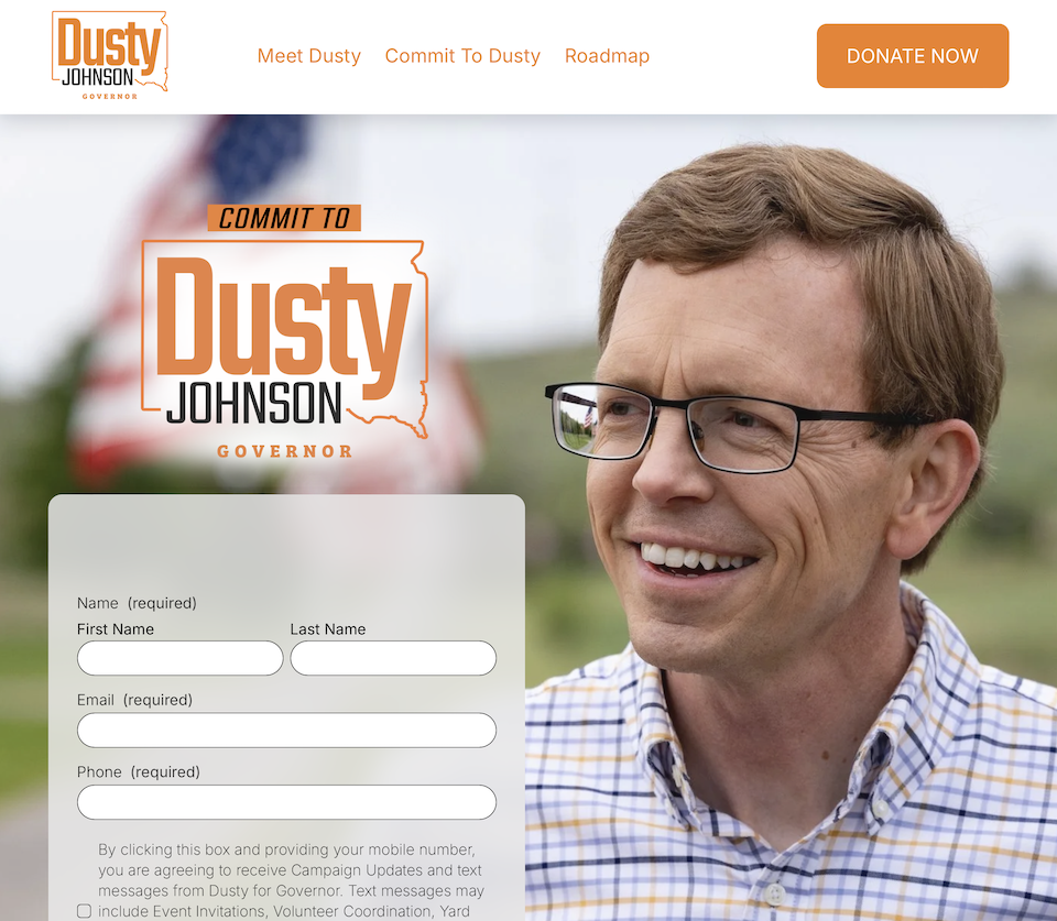 Dusty Johnson for Governor, banner image from campaign website, retrieved 2025.08.17.