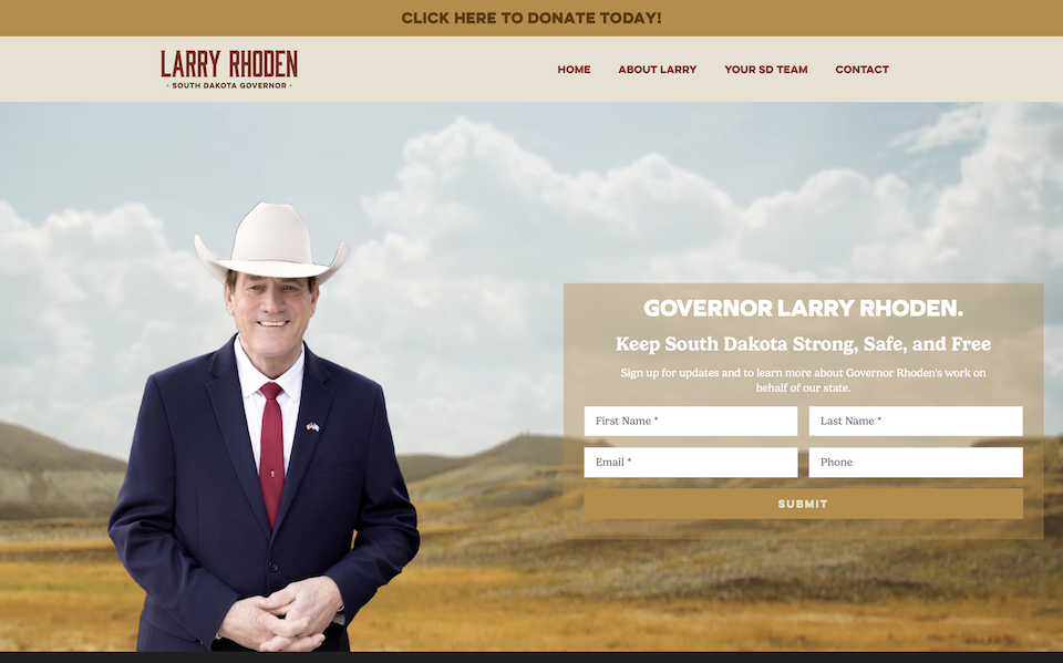 New banner with Larry's hat, GovernorLarryRhoden.com, screencapped 2025.08.17.