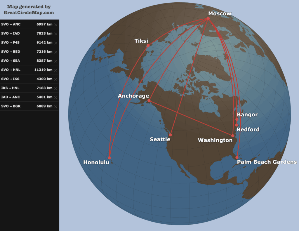 Great circle routes from Moscow to various U.S. locations, produced by CAH on GreatCircleMaps.com, 2025.08.10.