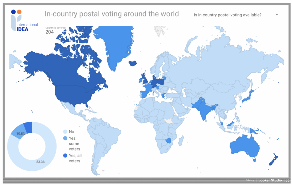 Idea International, map of countries allowing in-country postal voting, retrieved 2025.08.16.