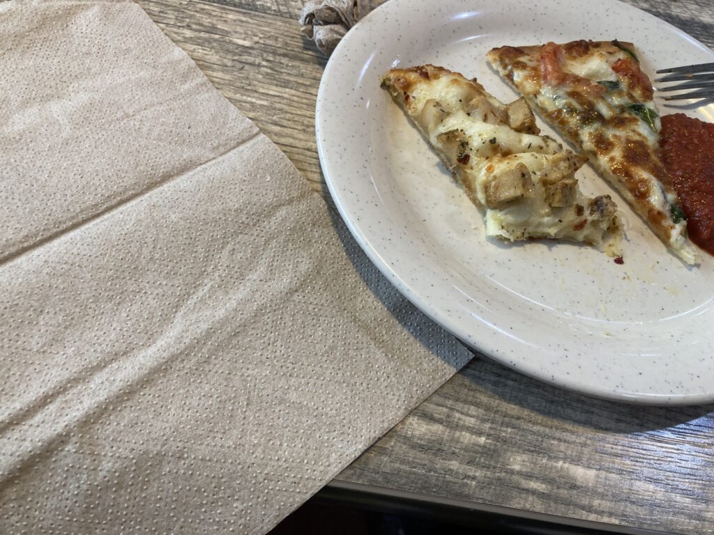 My fourth or fifth plate at Pizza Ranch Denison. Note the napkin, pizza ranch Getz napkins with really prominent nobles. I take it the nubbly exist to help power away tough grease. They work… And they also provide some bonus tactile stimulation.