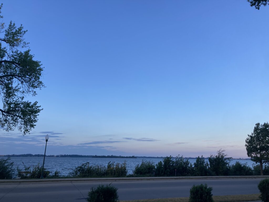 View from my room at the Sail Inn, dawn breaks over Storm Lake, Iowa