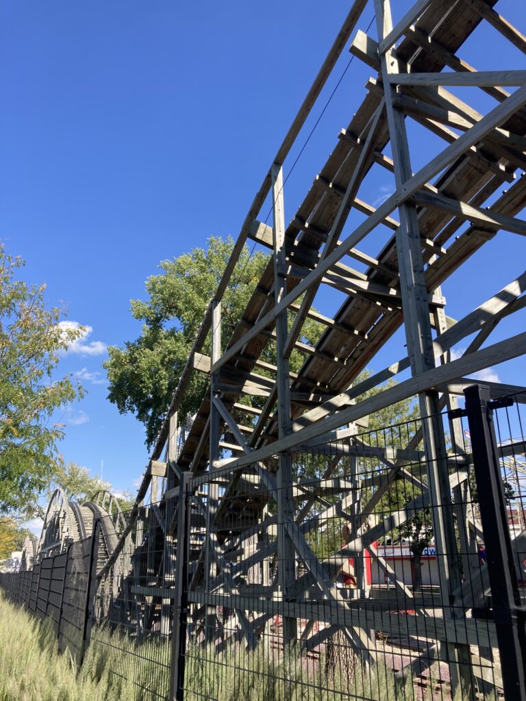 Wooden roller coaster at Arnolds Park, a marvel of timber and math.