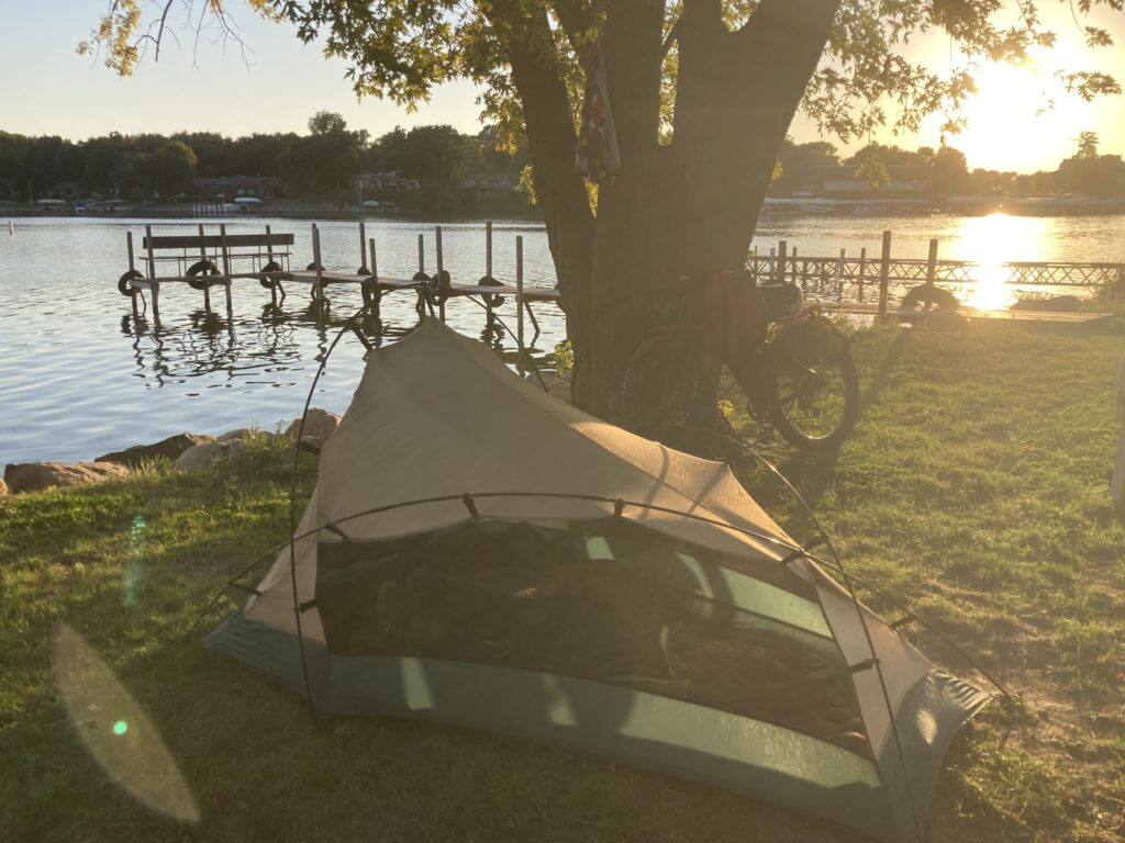 Camp at sunset, Lake Minnewashta, Iowa.