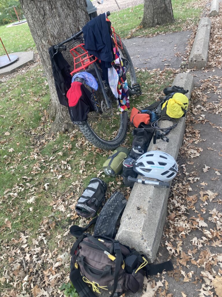 My bicycle unpacked, waiting for the sag wagon.