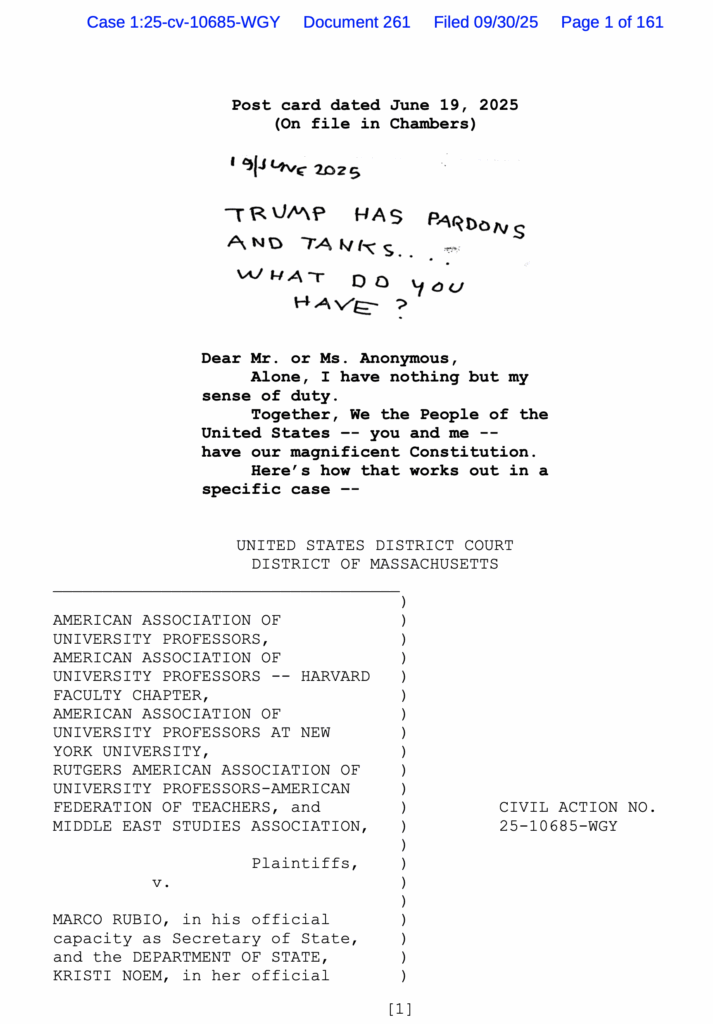 Judge William G. Young, ruling, AAUP v. Rubio, Noem, et al., 2025.09.30, p. 1.
