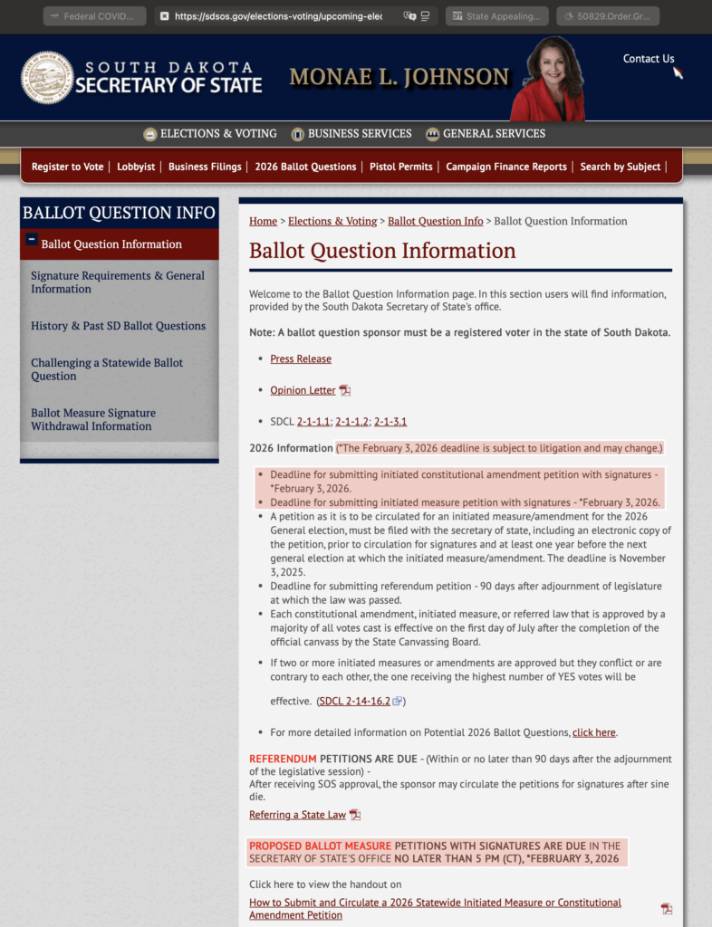 South Dakota Secretary of State, "Ballot Question Information", official website, screen cap 2025.10.18; red annotations by CAH/DFP.
