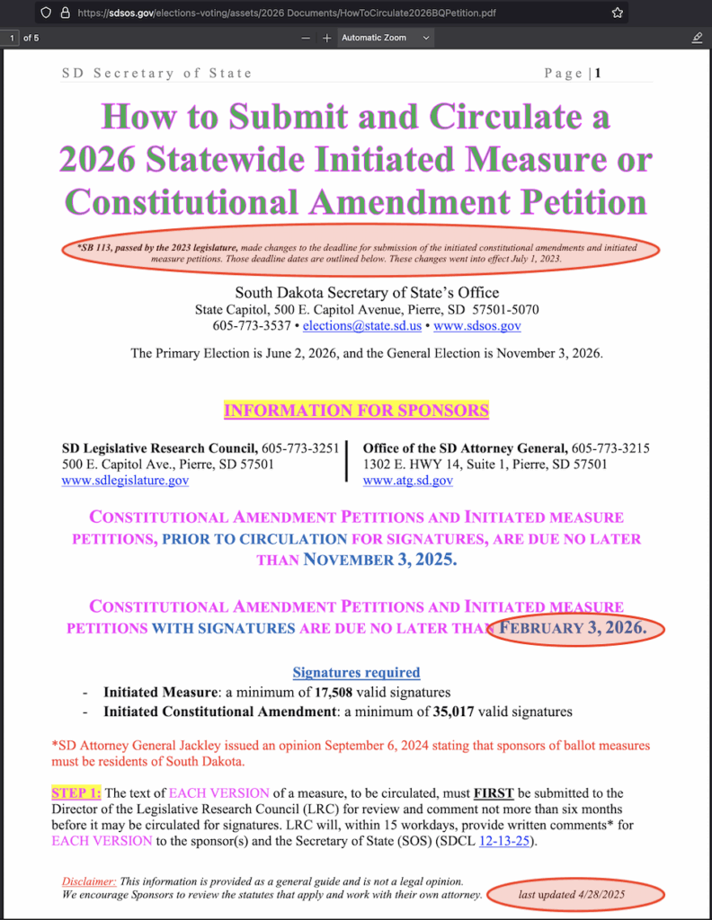 Red-circle annotations by CAH/DFP; South Dakota Secretary of State, "How to Submit and Circulate a 2026 Statewide Initiated Measure or Constitutional Amendment Petition," last updated 2025.04.28, p. 1.