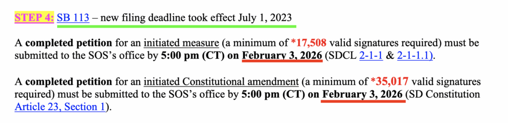Green and red underlining by CAH/DFP; South Dakota Secretary of State, "How to Submit and Circulate a 2026 Statewide Initiated Measure or Constitutional Amendment Petition," last updated 2025.04.28, p. 3.