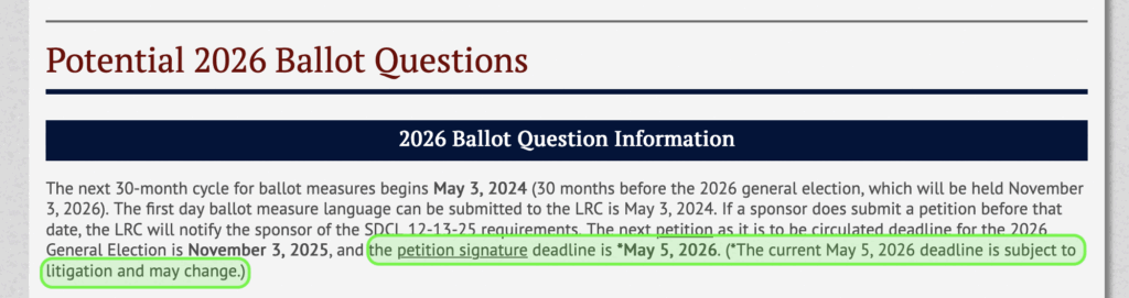Green annotations by CAH/DFP; South Dakota Secretary of State, "Potential 2026 Ballot Questions," retrieved 2025.11.02.