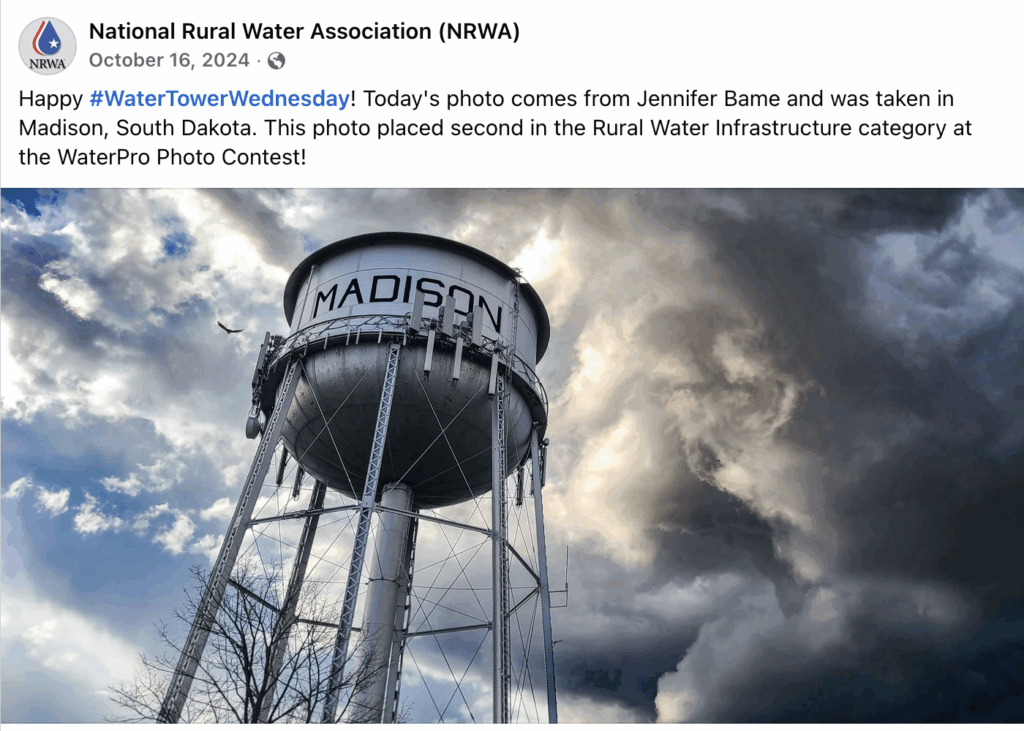 Madison's 1935 water tower, photo by Jennifer Bame, posted by National Rural Water Association, 2024.10.16.